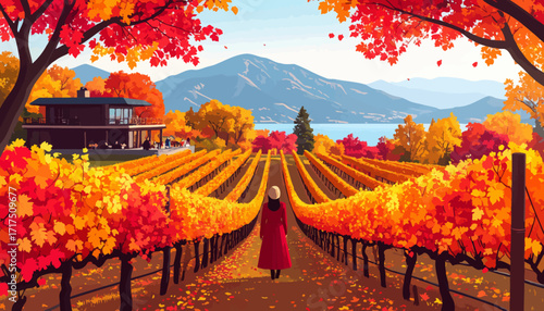 Autumn vineyard landscape with vibrant foliage and a person in a red coat.