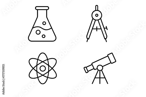 Pack of science related line icons, editable stroke for design, web, apps, cards, vector, linear images of laboratory flask, geometric compass, atomic model, telescope for astronomy and research