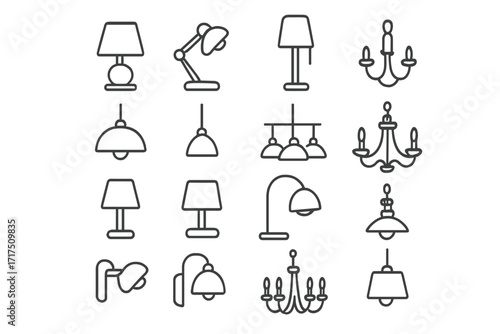 Related line icons set for web, books, cards, apps, editable stroke illustrations featuring lamps, chandeliers, sconces, pendant lights, desk lamps, modern lighting designs