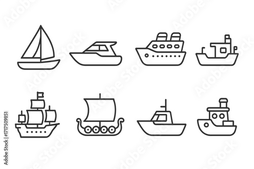 Pack of ship and boat related line icons, nautical outline signs for graphic design, web, apps, adverts, various cards, vector cartoon illustration, transparent background
