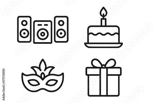 Modern Party line icon collection for design, websites, apps, cards, includes linear musical center, birthday cake with candle, masquerade mask, gift box present vector set