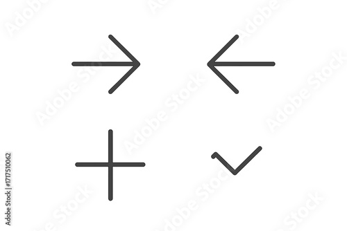 Simple linear interface icons set. Includes arrow right, arrow left, plus sign, check mark, and play button. Vector cartoon style design elements for apps, websites, posts, and cards.