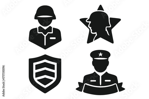 Military soldier badge icon set in silhouette style, army personnel vector illustration with star emblem, shield insignia, and officer ribbon banner design, black and white military symbols