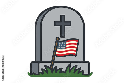 American flag on military gravestone with cross, patriotic memorial icon, vector cartoon illustration in flat style, remembrance and honor symbol with grass base, transparent background