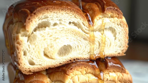 Close up of freshly baked bread stack with honey being poured, delicious food. Fresh baked bread, bakery, food concept.