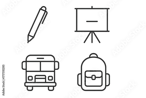 Pen, presentation board, school bus, backpack, and book outline icons collection, editable stroke linear pictograms for education, learning, school, study, and office design elements