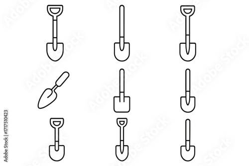 Set of thin line shovel icons, editable stroke vector illustrations, perfect for web, books, cards, apps, gardening tools symbols, transparent background, ordered collection