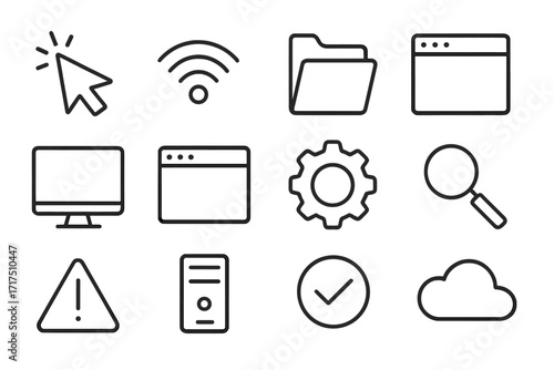 Set of computer desktop line icons, editable stroke for web design, UI, apps, software, websites, folders, cursor, wifi symbol, cloud, server, search, settings, warning