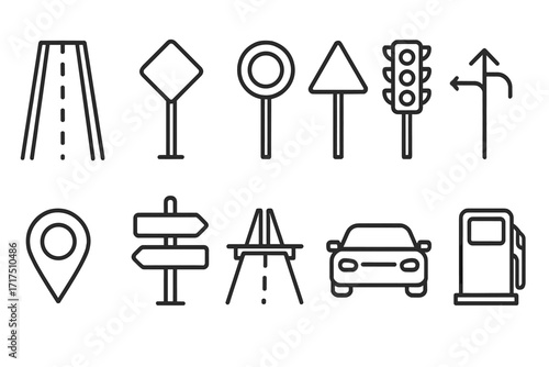 Road traffic signs and car icons bundle. Editable thin line stroke vector set for web, apps, books, cards design. Navigation, transportation, highway, GPS, road safety illustration