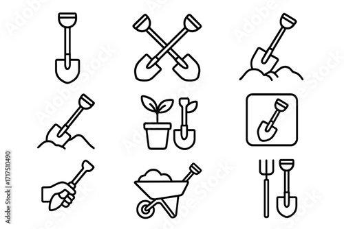 Shovel icon set. Spade, trowel, and gardening tool collection. Line art vector icons for agriculture, landscaping, and construction. Digging, planting, soil work concepts.