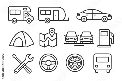 Road sign line icon collection, outline traffic and travel icons for graphic design, app UI, advertising, vehicle and campsite symbols, navigation, car and bus illustration, vector cartoon set