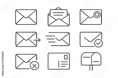 Set of envelope mail icons, post and message line symbols for graphic and web design, email app interface, digital communication signs, postal delivery vector illustration