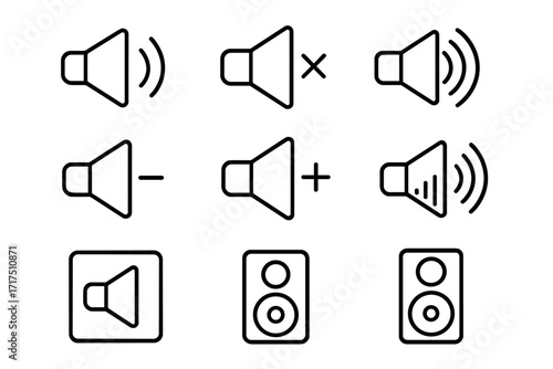 Set of loudspeaker and sound control icons. Outline vector signs for graphic and web design, apps, advertising, media, volume, mute, speaker, audio, and music interface elements.