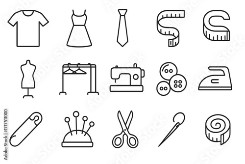 Set of sewing and garment related linear icons with editable stroke for fashion design, clothing apps, websites, sewing tools, fabrics, needles, scissors, measuring tape and buttons