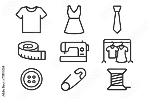 Set of sewing and garment icons with editable strokes, including linear t-shirt, dress, tie, measuring tape, sewing machine, garment rack, button, safety pin, spool of thread for web design and apps