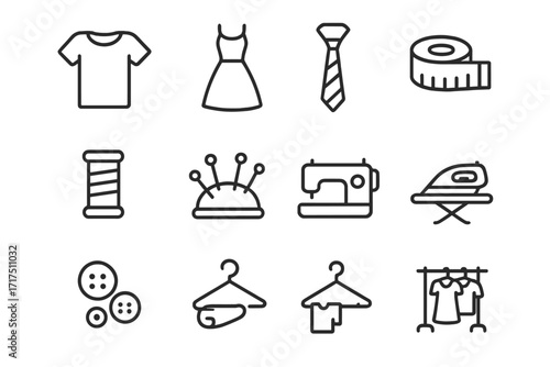 Sewing and garment line icon collection, modern linear design for websites, apps, cards. Includes T-shirt, dress, tie, measuring tape, spool, pins, machine, iron, buttons, hangers, rack.