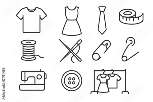 Sewing and garment icons set modern linear style for design web apps and cards includes T-shirt Dress Tie Measuring Tape Spool Thread Needle Safety Pin Button and Clothing Rack vector