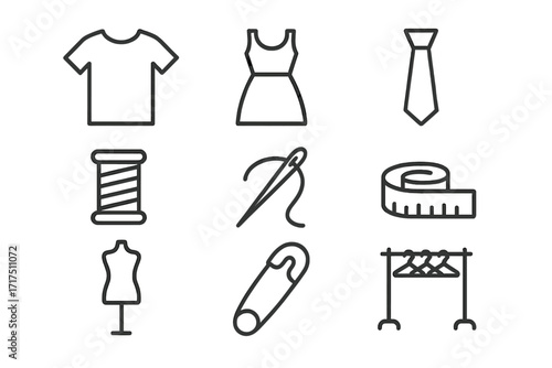 Sewing and garment icons set, modern linear design collection for web, apps, cards, includes t-shirt, dress, tie, measuring tape, needle, thread, safety pin, mannequin, clothes rack vector