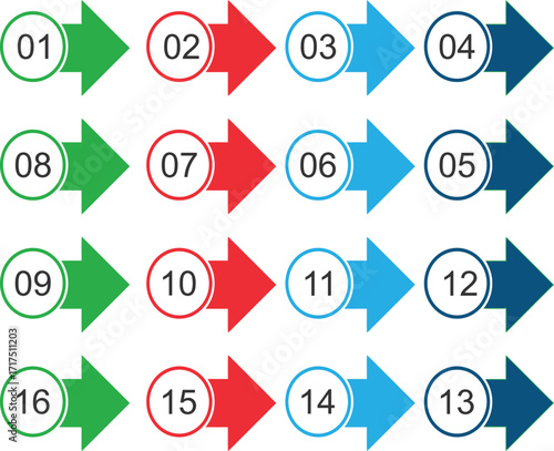 Colorful numbered arrow infographic with step by step process design, workflow timeline template, business presentation layout, sequential chart for project planning and data visualization