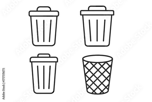 Trash can outline vector set, simple linear style collection, editable stroke icons for websites, books, apps, cards, clean minimalist garbage bin symbols, vector cartoon illustration transparent