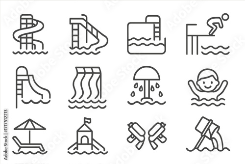 Water park icons set, aquapark and swimming pool line symbols collection with slides, diving boards, water guns, splash play, sun loungers and kid’s castle for graphic and web design