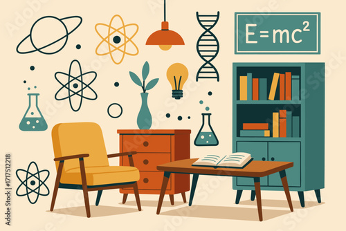 Modern mid-century style study room with scientific symbols, DNA helix, atom models, light bulb, bookshelves, cozy armchair, wooden desk, and educational decor vector illustration