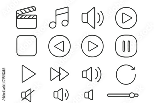 Set of media player related line icons with editable stroke for web, app, and card design. Includes clapperboard, musical notes, loudspeaker, playback controls, volume, and progress bar vector