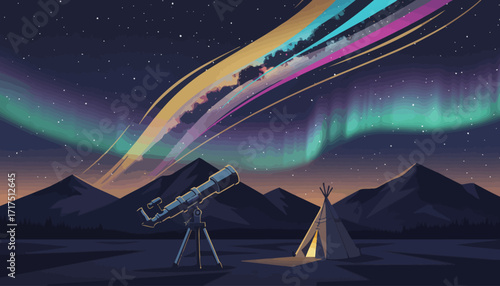 Night sky with aurora borealis, telescope, and teepee.