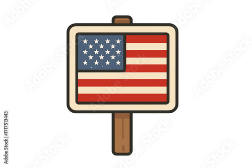 American flag sign vector. USA patriotic symbol. Vintage cartoon illustration. Concept for 4th of July, election, protest. United States national pride. Historical colonial banner.
