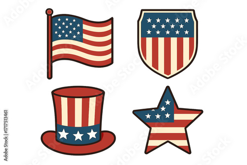 Set of American patriotic symbols in retro style. USA flag, Uncle Sam hat, shield and star. Vintage vector illustration for 4th of July, Independence Day, Memorial Day.