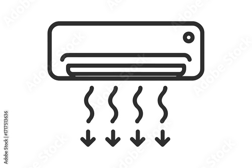 Air conditioner icon vector. AC cooling system symbol. Climate control equipment sign. Simple linear outline illustration of cold air flow from a wall unit. HVAC appliance.