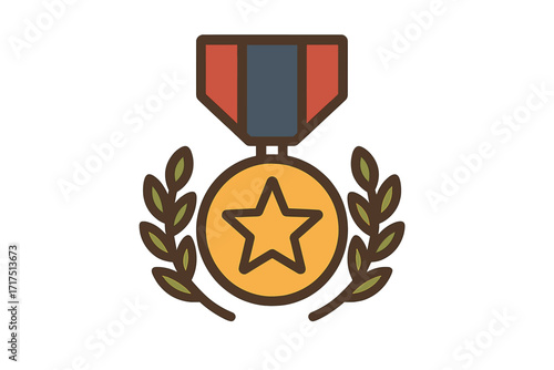 Military medal icon, army award with star, laurel wreath. Hero honor symbol for valor, service, victory. Patriotism concept for veteran, soldier. Flat cartoon vector illustration.