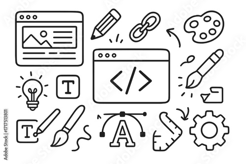 Web design and development doodle icon set. Hand drawn vector illustration of creative process, coding, UI UX design, graphic art tools, programming and website layout concept.