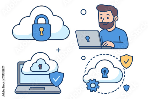 Cloud security and cybersecurity doodle concept. Data protection and privacy technology. Man with laptop. Network server hosting. Secure login and system access. Vector illustration set.