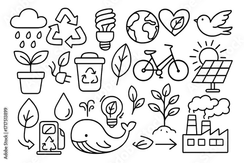 Ecology doodle icon set. Environmental, recycling, and sustainability concepts. Green energy, nature conservation, and climate protection. Earth day vector illustration collection.