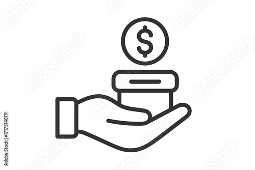 Donation line icon. Hand putting dollar coin in a money box. Charity, giving, and financial support concept. Vector for fundraising, savings, investment, and payment.