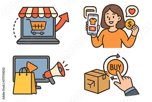 E-commerce icon set for online shopping and digital marketing. Vector illustration collection of mobile payment, online store, video advertising, home delivery, and buy button.