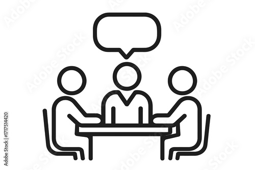 Business meeting line icon. People at conference table. Teamwork, communication, collaboration symbol. Office brainstorming session, negotiation or group interview vector.
