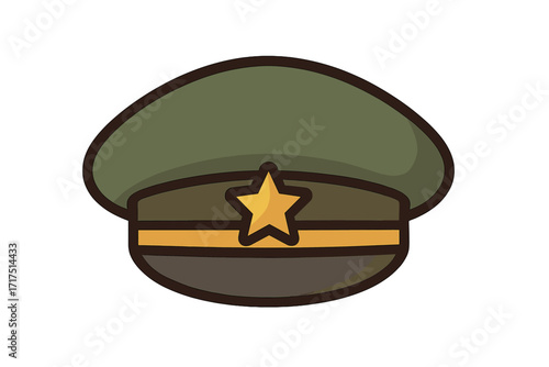 Military officer hat icon with gold star. Army general cap symbol for Veterans Day or Memorial Day. Patriotic soldier uniform element. Flat vector cartoon illustration isolated.