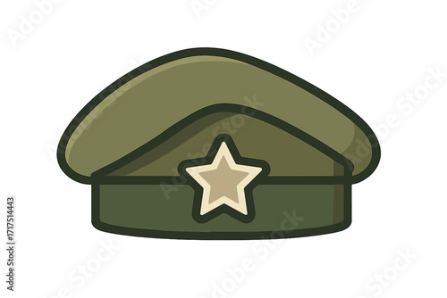Military hat icon with star emblem. Army cap symbol for veteran and armed forces. Flat vector cartoon illustration. Soldier headwear for patriotic design, memorial or holiday.