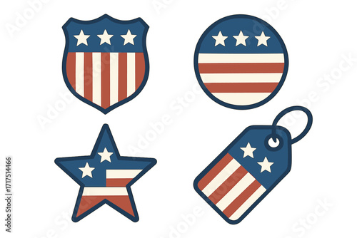 Set of patriotic American symbols. USA flag icons for Veterans Day or 4th of July. Military insignia shield, star, and label. Vintage retro style vector illustration.