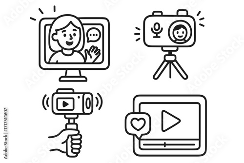Vlogger icon set. Video blogging, streaming and content creation concept. Live stream, webinar, online course elements. Influencer marketing and social media doodle vector pack.