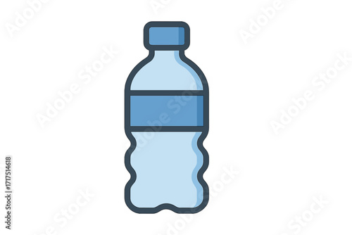 Water bottle icon in flat design. Vector illustration of a plastic bottle with pure mineral water. Hydration, drink, and refreshment concept. Isolated graphic element for design.