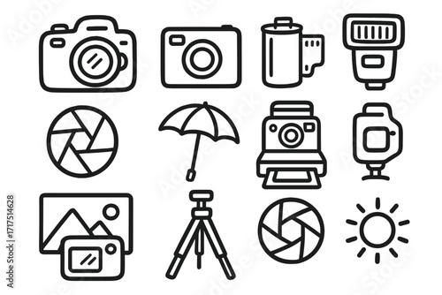 Photography doodle icons vector set, cartoon illustration with cameras, photo film, umbrella lighting, tripod, aperture, instant camera, photography gear, photo studio tools