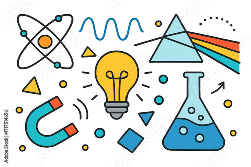 Science education doodle icon set. Physics and chemistry research concept. Vector cartoon illustration of atom, lightbulb, magnet, prism and lab flask. Discovery and innovation.