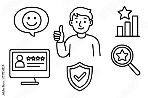 Reputation management doodle concept with cartoon character thumbs up, quality assurance shield, star rating, positive feedback, and search for excellence in business and online service reputation