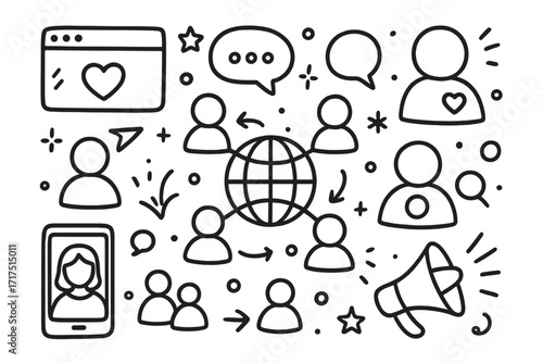 Hand-drawn vector doodle of social networking concept with user icons, global connection, chat bubbles, mobile profile, megaphone, and communication symbols, transparent background
