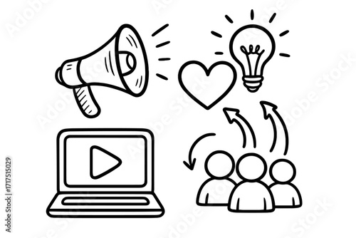 Creative video marketing doodle illustration with megaphone, laptop play button, group audience, heart and light bulb concept, digital promotion, social media strategy, cartoon vector