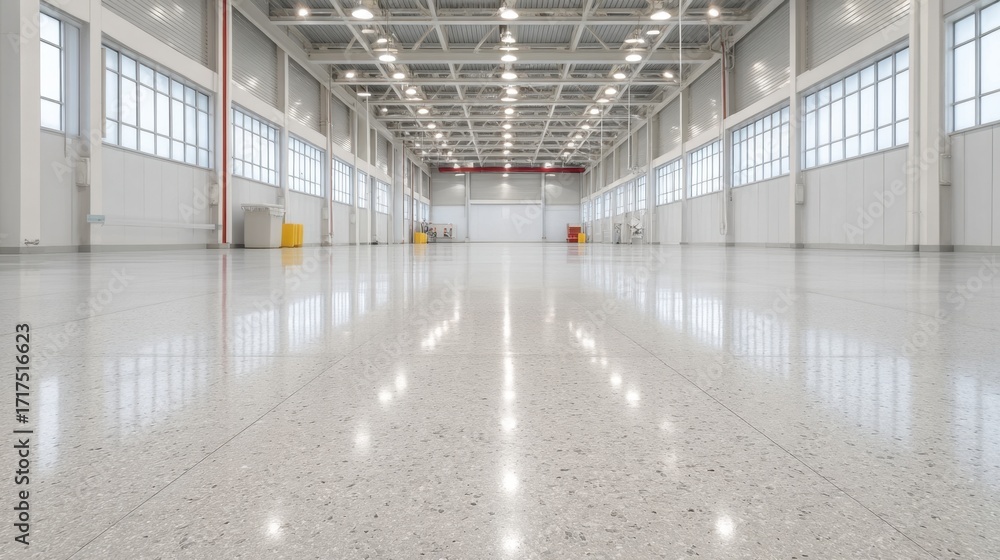 Obraz premium Spacious industrial interior with polished concrete floor and ambient lighting in modern warehouse environment on bright sunny day