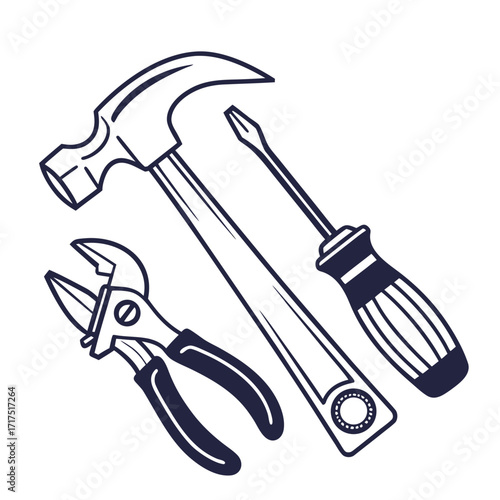 A simple line art illustration of a claw hammer pliers and screwdriver on a white background